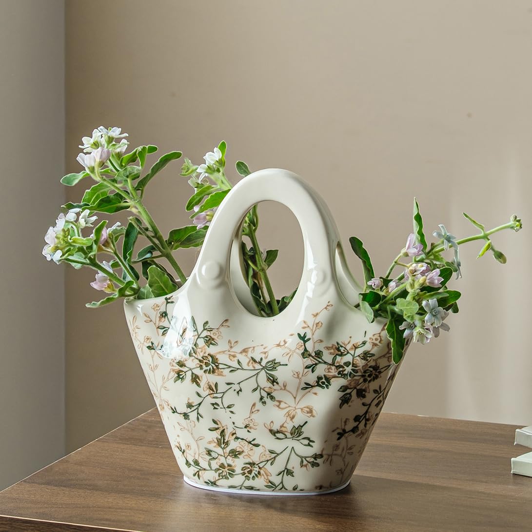 Ceramic Purse Vase 9”, Vintage Green & Beige Floral Handbag Vase